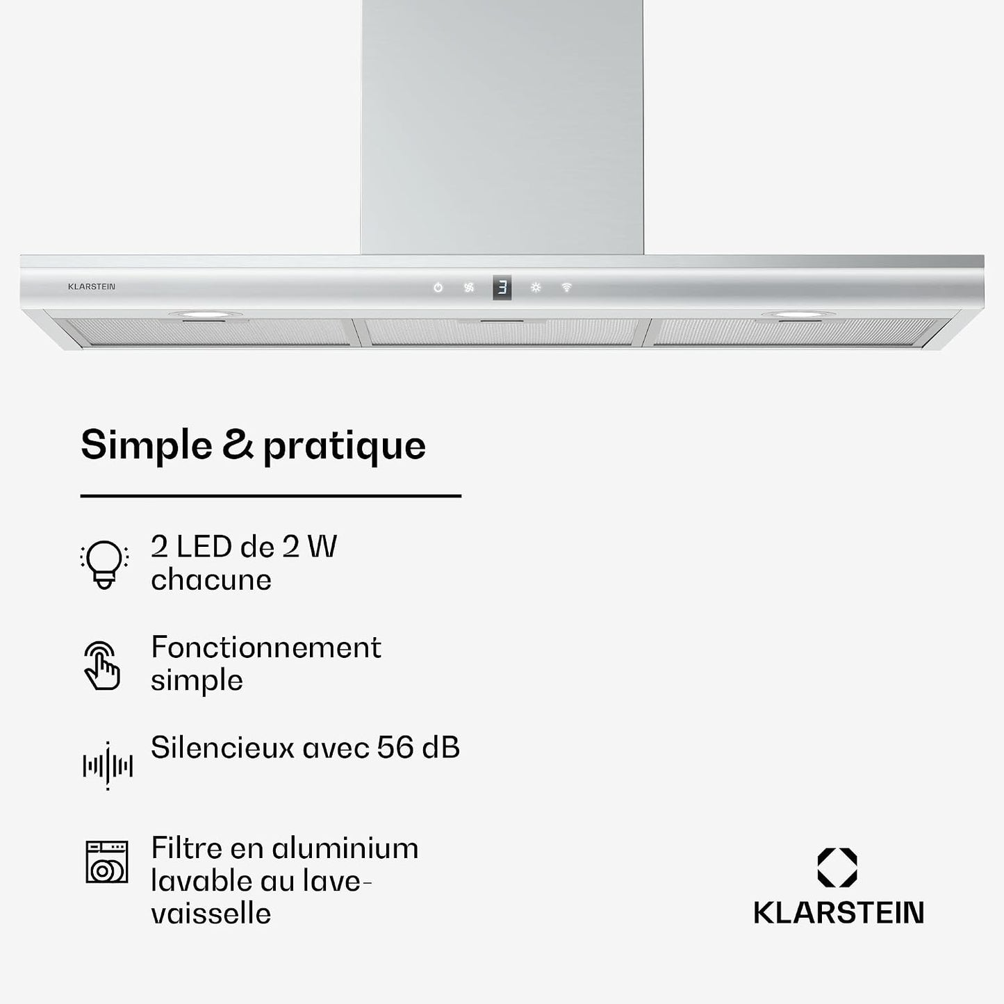 Klarstein Auriana Hotte Murale - 90Cm Hotte Aspirante, Débit 700 M³/H, A+ Énergie, Éclairage LED 6000K, Wifi & Tactile, Silencieuse 56 Db, Filtre À Charbon, Noir