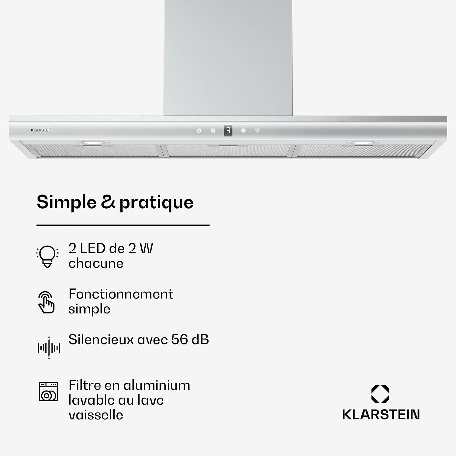 Klarstein Auriana Hotte Murale - 90Cm Hotte Aspirante, Débit 700 M³/H, A+ Énergie, Éclairage LED 6000K, Wifi & Tactile, Silencieuse 56 Db, Filtre À Charbon, Noir