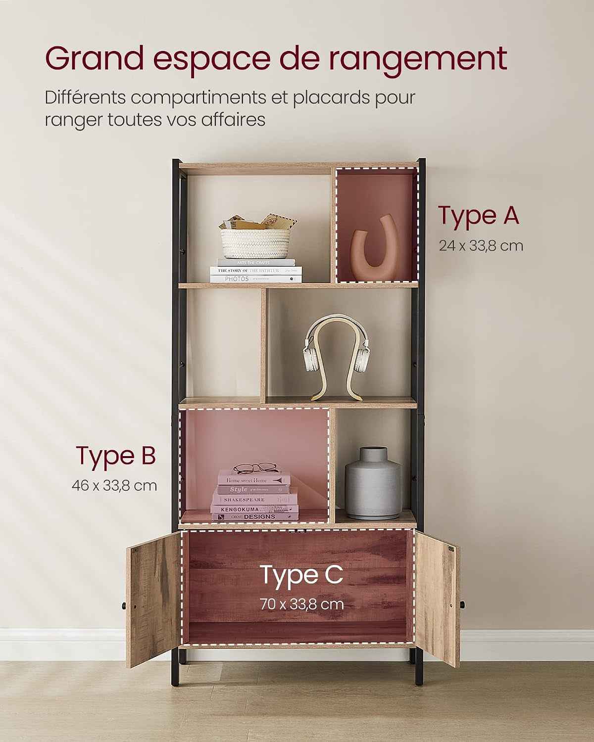 Étagère, Bibliothèque À 4 Niveaux, Meuble De Rangement, Placad, Avec Portes, Grand, Cadre En Acier, Pour Salon, Bureau, Chambre, Style Industriel, Marron Camel Et Noir D'Encre LBC022B50