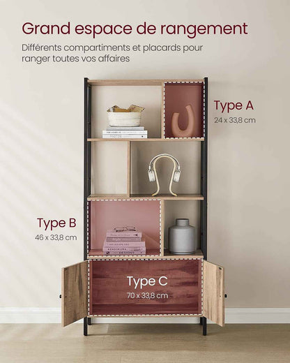Étagère, Bibliothèque À 4 Niveaux, Meuble De Rangement, Placad, Avec Portes, Grand, Cadre En Acier, Pour Salon, Bureau, Chambre, Style Industriel, Marron Camel Et Noir D'Encre LBC022B50