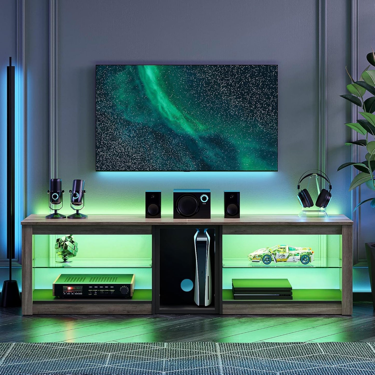 Meuble TV Bas Pour Téléviseurs 65" Et plus Petits, 160 X 35 X 52 Cm, Meuble TV Avec Lumières LED RVB, Table TV Avec Gestion Des Câbles Intégrée, Plateau En Verre Réglable