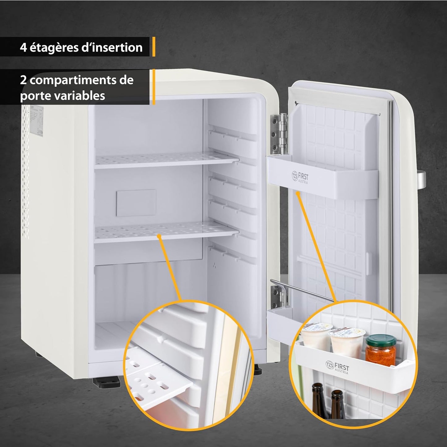 TZS First Austria Mini-Réfrigérateur Silencieux | Design Rétro | Puissance De Réfrigération Réglable | Poignée De Porte | Système De Réfrigération Thermoélectrique | 40L | Crème