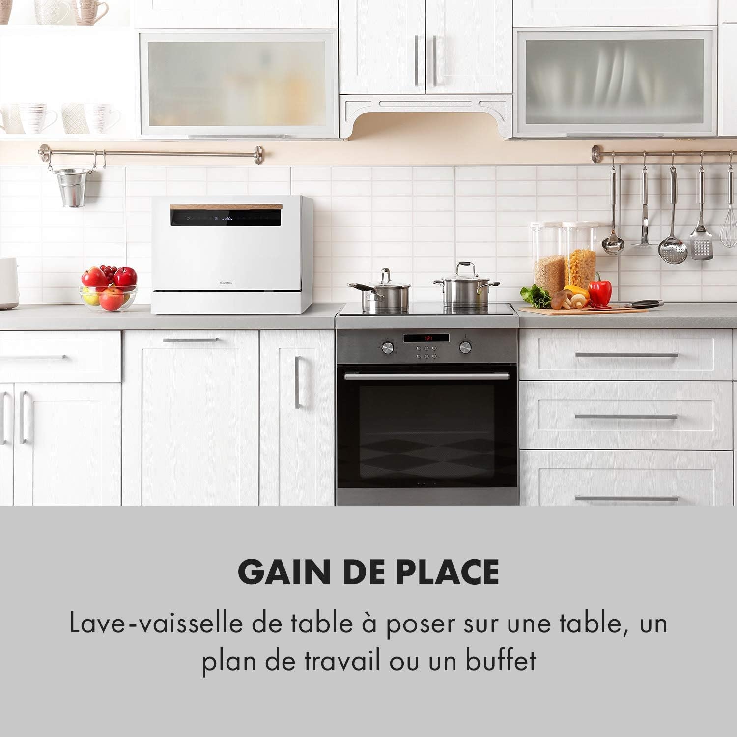 Lagoona Mini Lave-Vaisselle Autonome : CEE F, 1380W, 6 Couverts, Consommation D'Eau: 6,5L, 7 Programmes plus Séchage Supplémentaire, 49 Db, Panneau De Commande Tactile Noir, Blanc