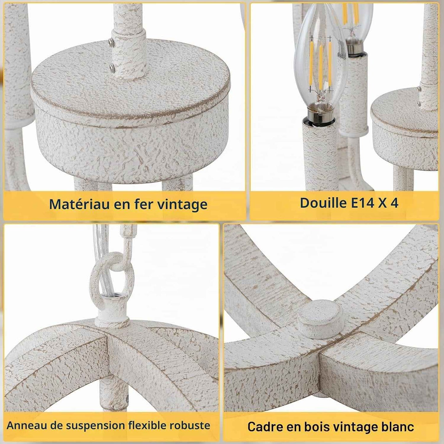 Lustre En Bois Blanc À 4 Lumières Lampe Suspendue Rustique Française Antique Classique Pour Salle À Manger, Entrée, Chambre À Coucher, Salon, Cuisine