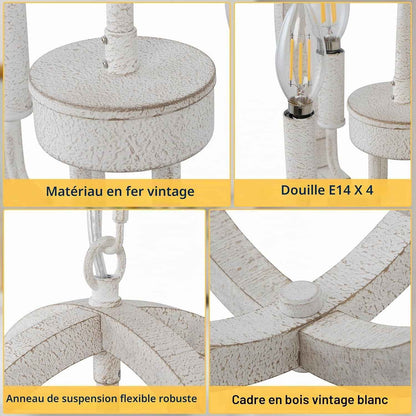 Lustre En Bois Blanc À 4 Lumières Lampe Suspendue Rustique Française Antique Classique Pour Salle À Manger, Entrée, Chambre À Coucher, Salon, Cuisine