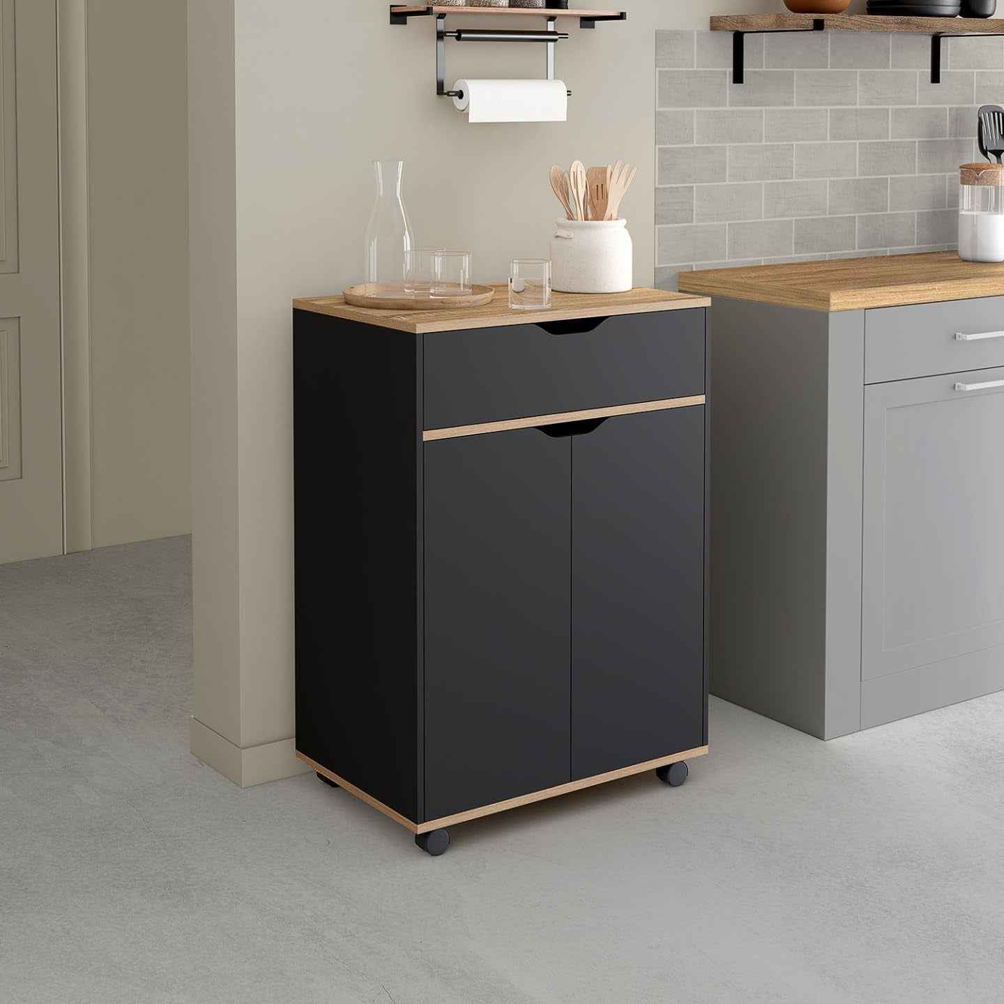 - Desserte De Cuisine Cosy Noir Et Bois | Avec Placard Et Tiroir, L. 60 Cm
