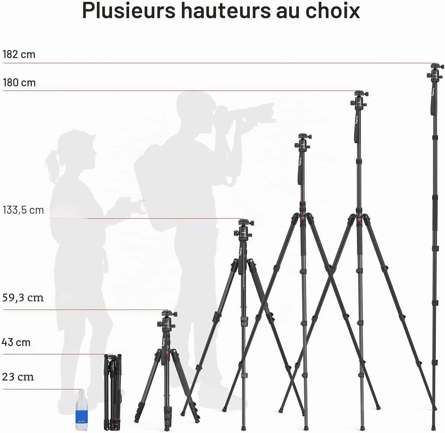 72" 182Cm Trepied Alu 15Kg Max Rotule 360° Plaque Rapide - 3935 | Trepied Appareil Photo,Aluminium Léger, Réglable 17" À 72", Rotule Panoramique 360°, Plaque Dégagement Rapide,Trépied Caméra