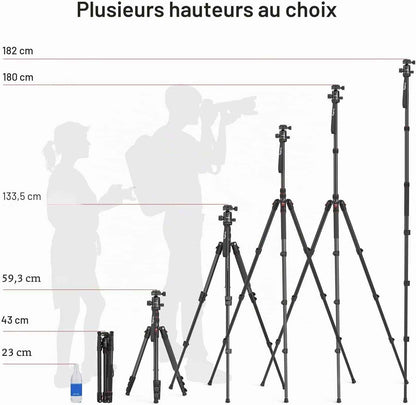 72" 182Cm Trepied Alu 15Kg Max Rotule 360° Plaque Rapide - 3935 | Trepied Appareil Photo,Aluminium Léger, Réglable 17" À 72", Rotule Panoramique 360°, Plaque Dégagement Rapide,Trépied Caméra