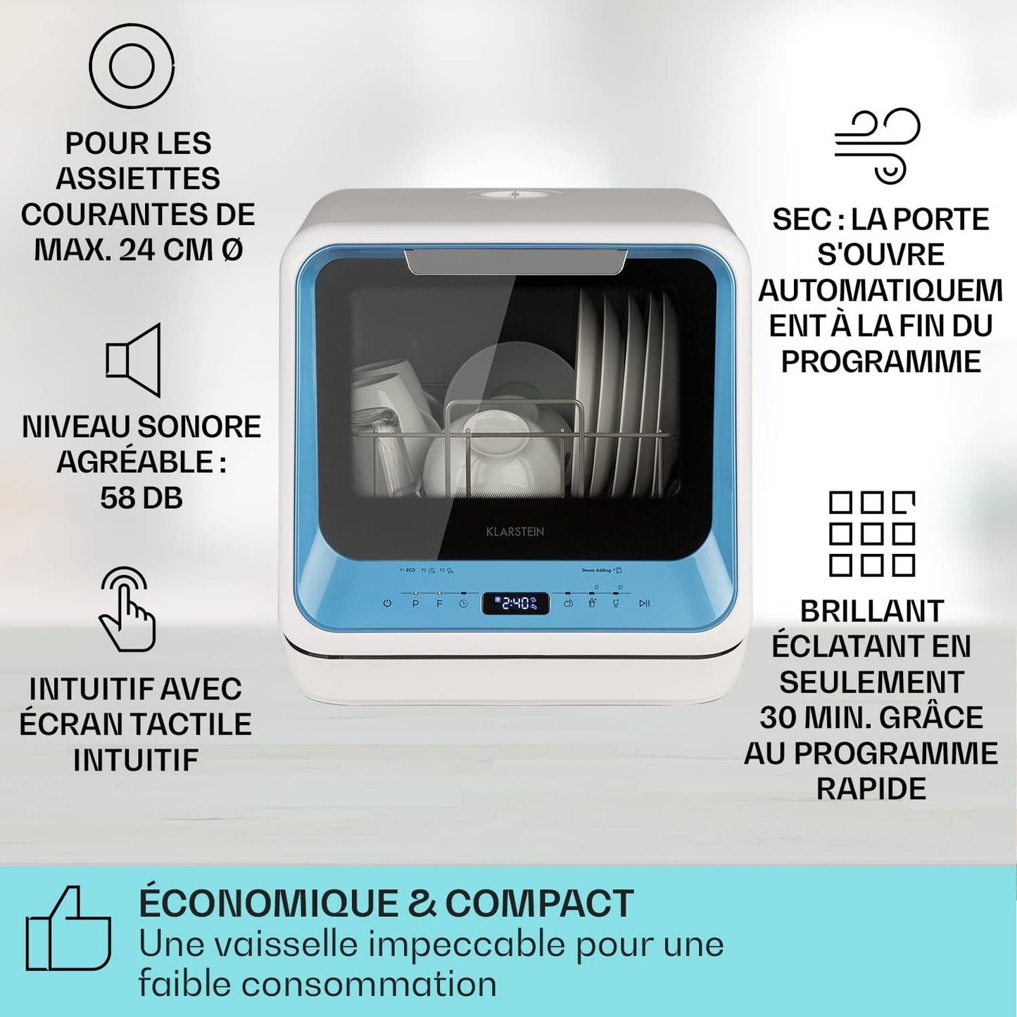 Mini Lave Vaisselle De 2 Couvert, Silencieux, 7 Programmes De Lavage, Petit Lave-Vaisselle De Table Compact, Portable, Facile À Installer Pour Maison, Bureau