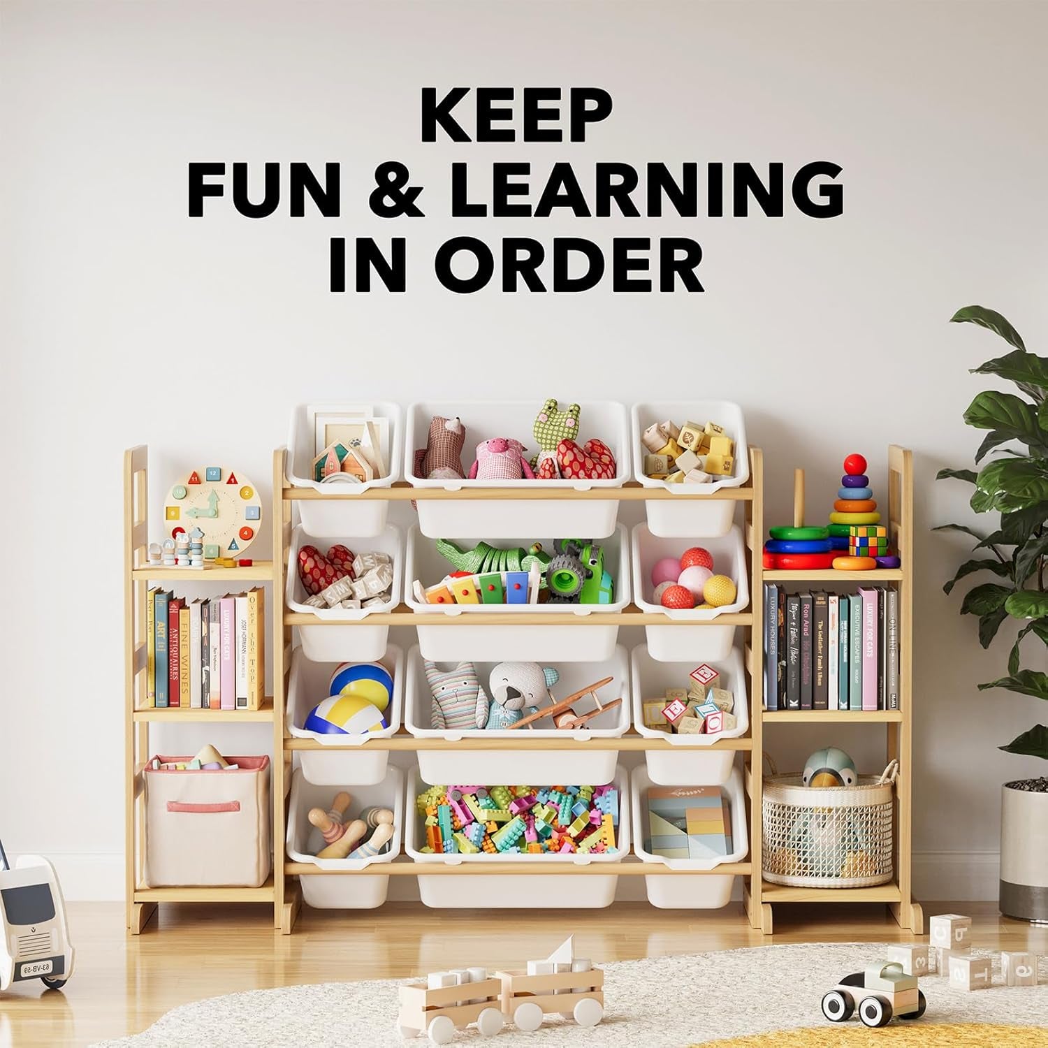 Meuble Rangement Enfant Avec 6 Étagères Et 12 Bacs, Bibliotheque Enfant, Meuble De Rangement Enfant Avec Bacs Pour Chambre Et Salle De Jeux - Blanc​