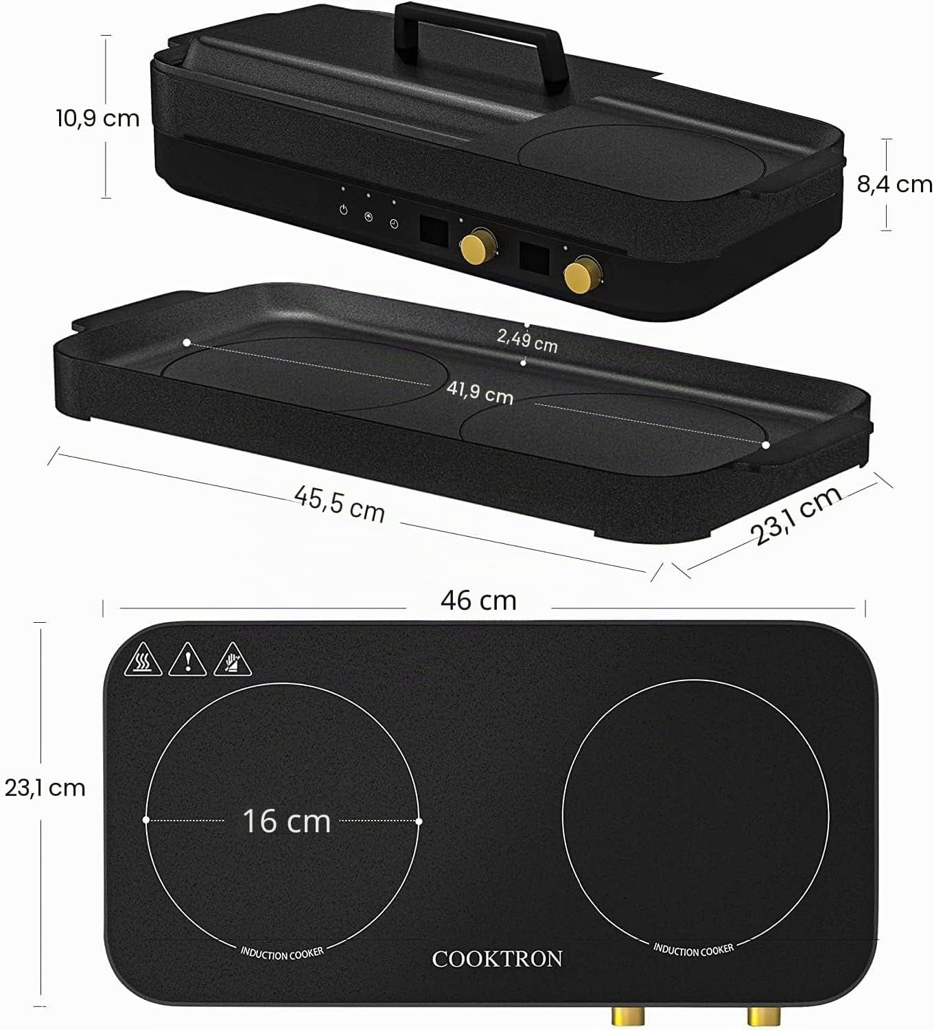 Double Plaque De Cuisson À Induction Avec Poêle En Fonte Amovible Antiadhésive 1800 W 2 Brûleurs Portable Avec Capteur Tactile 9 Niveaux De Puissance, Minuterie De 99 Min, Convient Pour