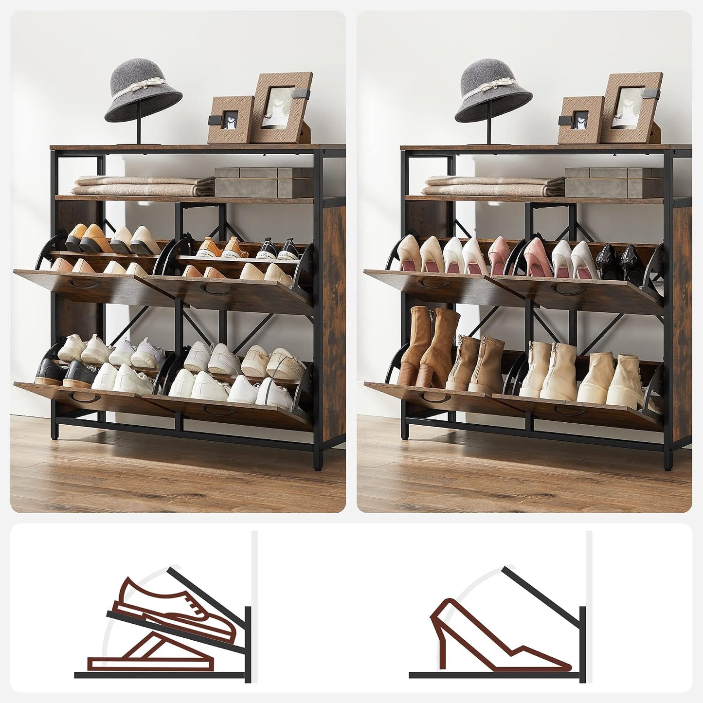 Meuble À Chaussures, Porte-Chaussures Fin, Meuble De Rangement À 4 Abattants, Pour 12-20 Paires, Anti-Poussière, 30 X 98,3 X 95 Cm, Pour Entrée, Marron Rustique Et Noir LBS803B01