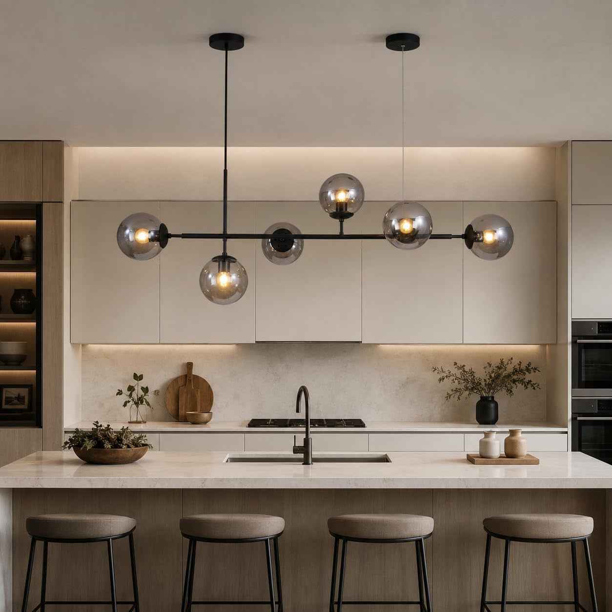 Lighting Lustre De Salon Moderne Noir Avec 6 Lumières, Globes En Verre Gris Fumé Luminaire De Cuisine Suspendu Pour L'Îlot De Cuisine, La Salle À Manger, Le Salon