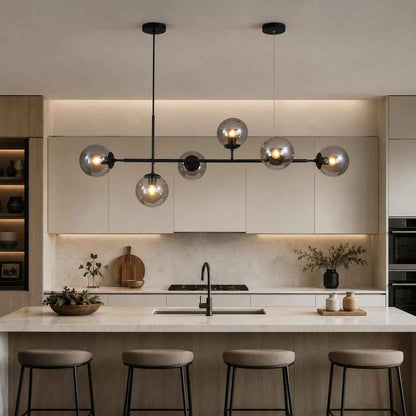 Lighting Lustre De Salon Moderne Noir Avec 6 Lumières, Globes En Verre Gris Fumé Luminaire De Cuisine Suspendu Pour L'Îlot De Cuisine, La Salle À Manger, Le Salon