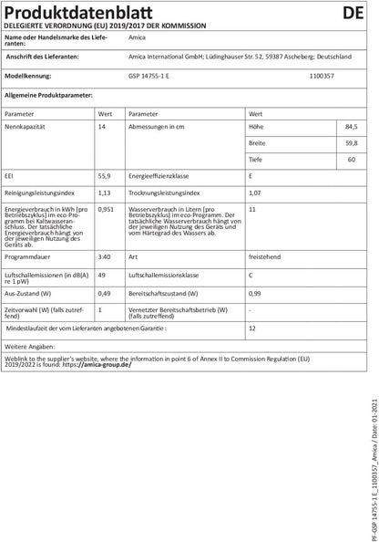 Amica GSP 14755 E Lave-Vaisselle Autoportante 14 Couverts