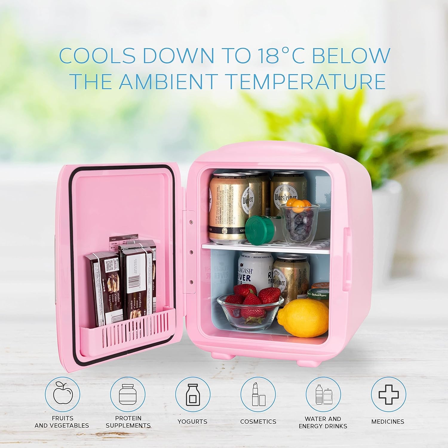 MONCOOK Mini Réfrigérateur - Mini Réfrigérateurs Portables Pour Les Soins De La Peau, La Médecine, La Nourriture Et Les Boissons - Fonction De Refroidissement Et De Réchauffement - 14L - Mono Rose