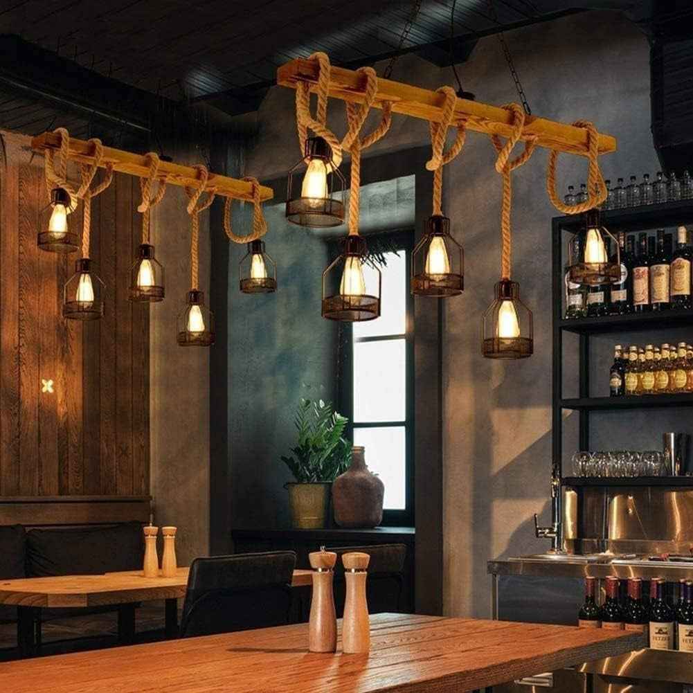 Lampe À Suspension Îlot De Cuisine, Luminaires De Cuisine, Lustre Rustique Salle À Manger Avec 5 Douilles E27, Lustre Poutre Métal Et Bois, Plafonnier Suspendus Au Plafond