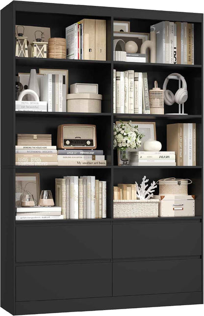 Bibliotheque 120Cm Meuble De Rangement 4 Tiroirs 9 Étagères Noire | 120X30X180 Cm, Base Surélevée, Poignées Encastrées, Grande Bibliothèque Etagere Rangement, Pour Salon Bureau Chambre