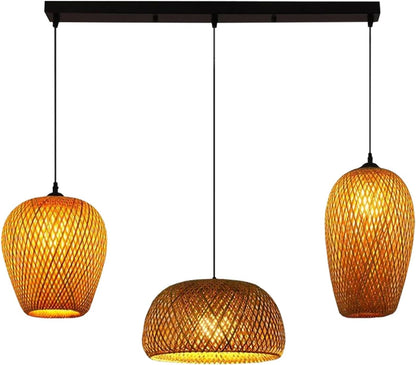 Bambou Naturel Tissé Suspension Rétro Lustre E27 Suspendue Hauteur Adjustable 3 Flammes Pendentif Luminaire Vintage Japonais Maison Intérieur Éclairage Bar Cuisine Restaurant Salle Lampe Plafond