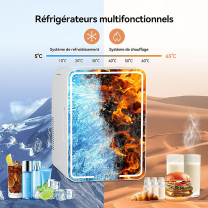 Mini Frigo 10L Avec Miroir LED, Mini Réfrigérateurs Portable, Petit Frigo Cosmetique 12V/220V, Frigo De Chambre Avec Fonction Chaud/Froid, Miroir De Maquillage Led Pour Voitures,Blanc