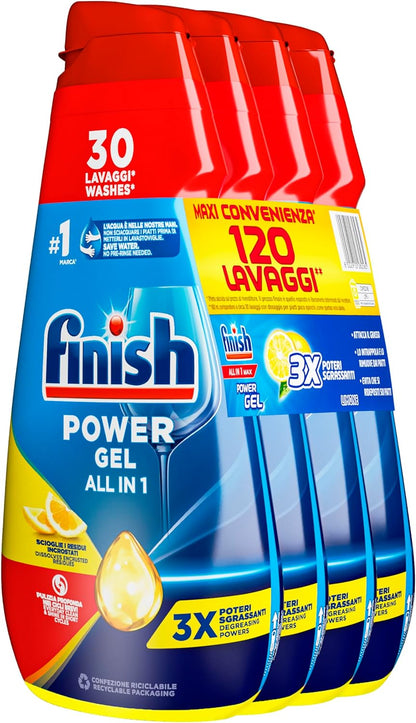Powergel Gel Détergent Pour Lave-Vaisselle, Liquide, Multi-Actions, Pouvoir Dégraissant, Citron, 120 Lavages, 4 Confections De 30 Lavages
