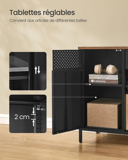 Meuble De Rangement, Buffet, Meuble En Métal, Placard À Double Portes, Fermeture Magnétique, Étagères Réglables, Cadre En Acier, Marron Rustique Et Noir Mat LSC204B01