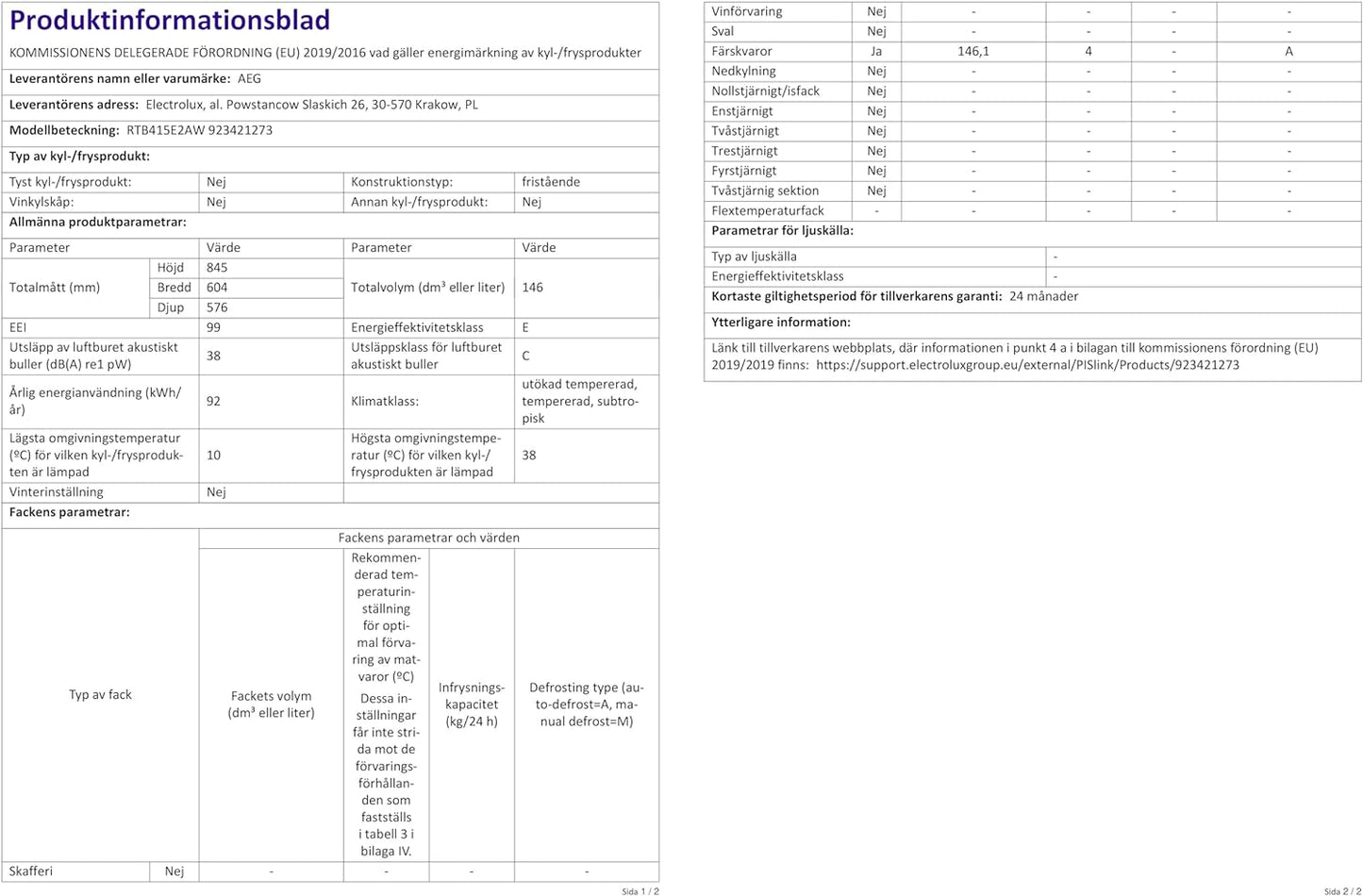 RTB415E2AW Réfrigérateur De Table Autonome 850 Mm 146 L/E