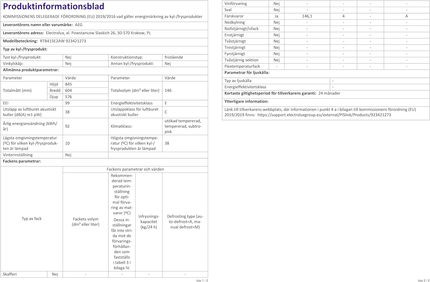 RTB415E2AW Réfrigérateur De Table Autonome 850 Mm 146 L/E