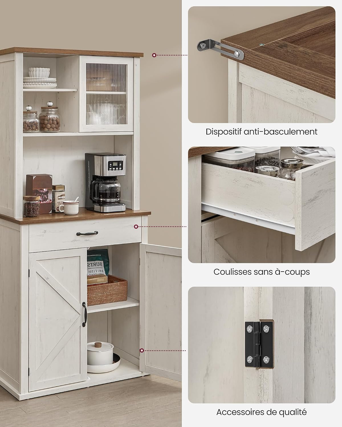 Meuble De Rangement Avec Lumières Et Chargeur, Placard De Cuisine, Avec Portes Et Tiroirs, 39,5 X 80,4 X 180,6 Cm, Étagères Réglables, Style Campagne, Blanc Rustique Et Marron Miel BBK363W22V1