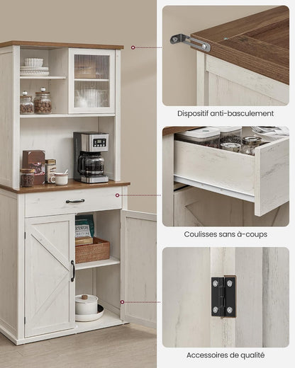 Meuble De Rangement Avec Lumières Et Chargeur, Placard De Cuisine, Avec Portes Et Tiroirs, 39,5 X 80,4 X 180,6 Cm, Étagères Réglables, Style Campagne, Blanc Rustique Et Marron Miel BBK363W22V1