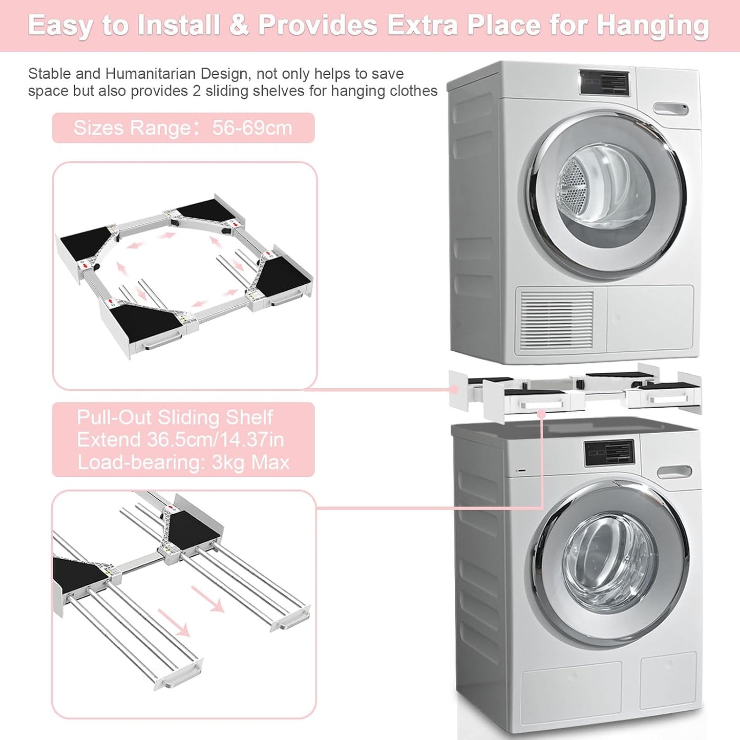 Kit De Superposition Universel, Avec 6 Tiges Télescopiques | Universel Cadre Intermédiaire Pour Lave-Linge Et Sèche-Linge Avec Corde À Cliquet, Taille Réglable（Largeur: 56-69Cm）