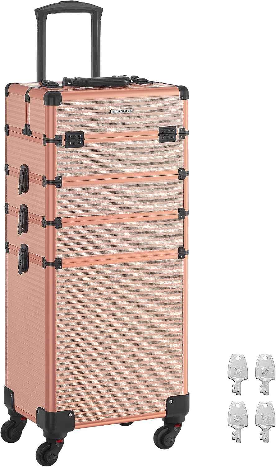 Valise De Maquillage Professionnel 4-En-1, Mallette Cosmétique, XXL, 34 X 24 X 79,3 Cm, Verrouillable, Roulettes À 360°, Pour Voyages, Manucure, Maquilleur, Coiffure, Doré Champagne JHZ015A01