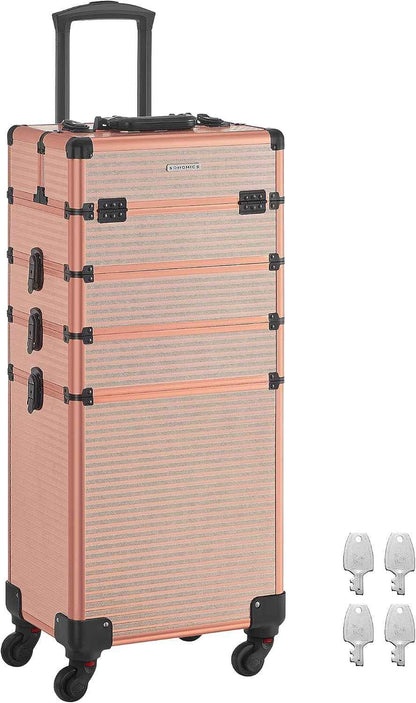 Valise De Maquillage Professionnel 4-En-1, Mallette Cosmétique, XXL, 34 X 24 X 79,3 Cm, Verrouillable, Roulettes À 360°, Pour Voyages, Manucure, Maquilleur, Coiffure, Doré Champagne JHZ015A01