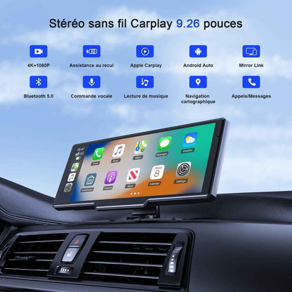9,26'' Carplay Voiture Apple Carplay & Android Auto, Dashcam Avant | 4K + Caméra De Recul HD, 60FPS, Mise À Jour OTA, GPS, Commande Vocale, Mirror Link, Bluetooth 5.2, AUX, Fm，Avec 64Go Carte