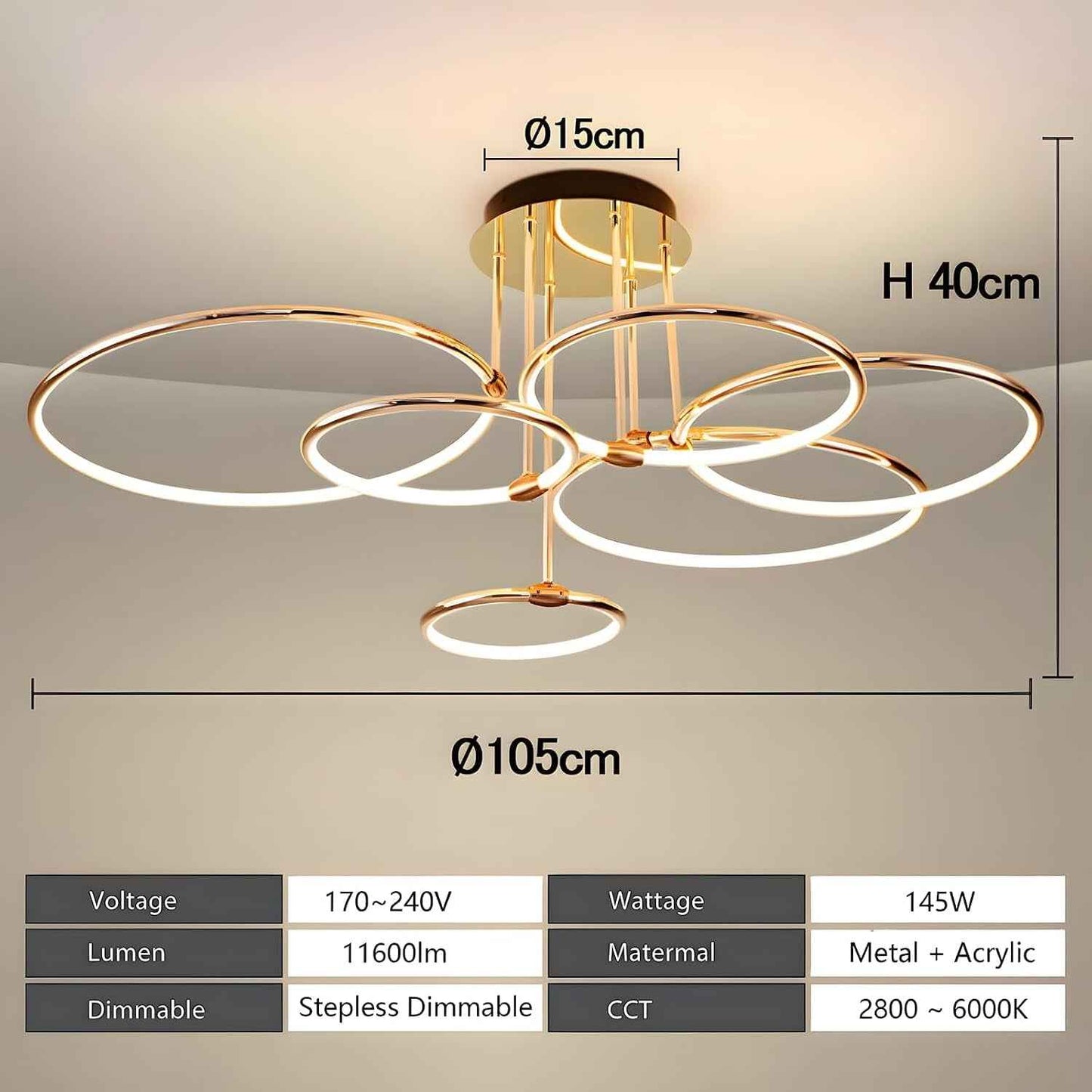 Plafonnier LED, Ø105Cm Lustre Cercle En Métal Doré, 145W Dimmable En Continu 3000-6000K, Pendentif Galvanoplastie Rond Moderne, Chambre Salon Enfants Bureau Étude Cuisine Couloir (6 Anneaux)