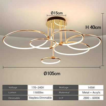 Plafonnier LED, Ø105Cm Lustre Cercle En Métal Doré, 145W Dimmable En Continu 3000-6000K, Pendentif Galvanoplastie Rond Moderne, Chambre Salon Enfants Bureau Étude Cuisine Couloir (6 Anneaux)