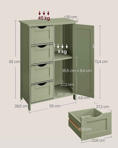 Meuble Salle De Bain Rangement, Armoire Gain De Place, Commode, Avec 4 Tiroirs, Placard Avec Porte, Étagère Réglable, 30 X 55 X 82 Cm, Vert Forêt LHC041C02