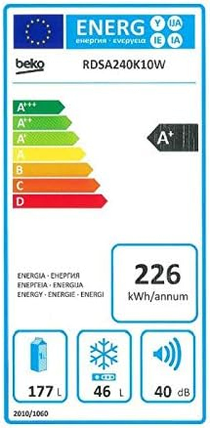 Beko RDSA240K10W Réfrigérateur-Congélateur Autonome Blanc 223 L A+ - Réfrigérateurs-Congélateurs (223 L, SN-ST, 40 Db, 4 Kg/24H, A+, Blanc)