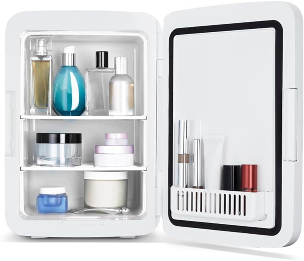 SCMF10W, Mini Frigo Cosmétique 9L, Refroidissement Et Chauffage, Miroir Avec LED, Etagères, Blanc