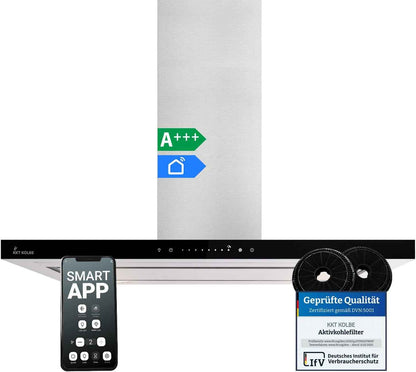Hotte Aspirante Cuisine 90 Cm | Hotte Îlot | Acier Inoxydable | Verre Noir | Wifi | Arrête Automatiquement | Opération Tactile | FLAT-INSEL-6