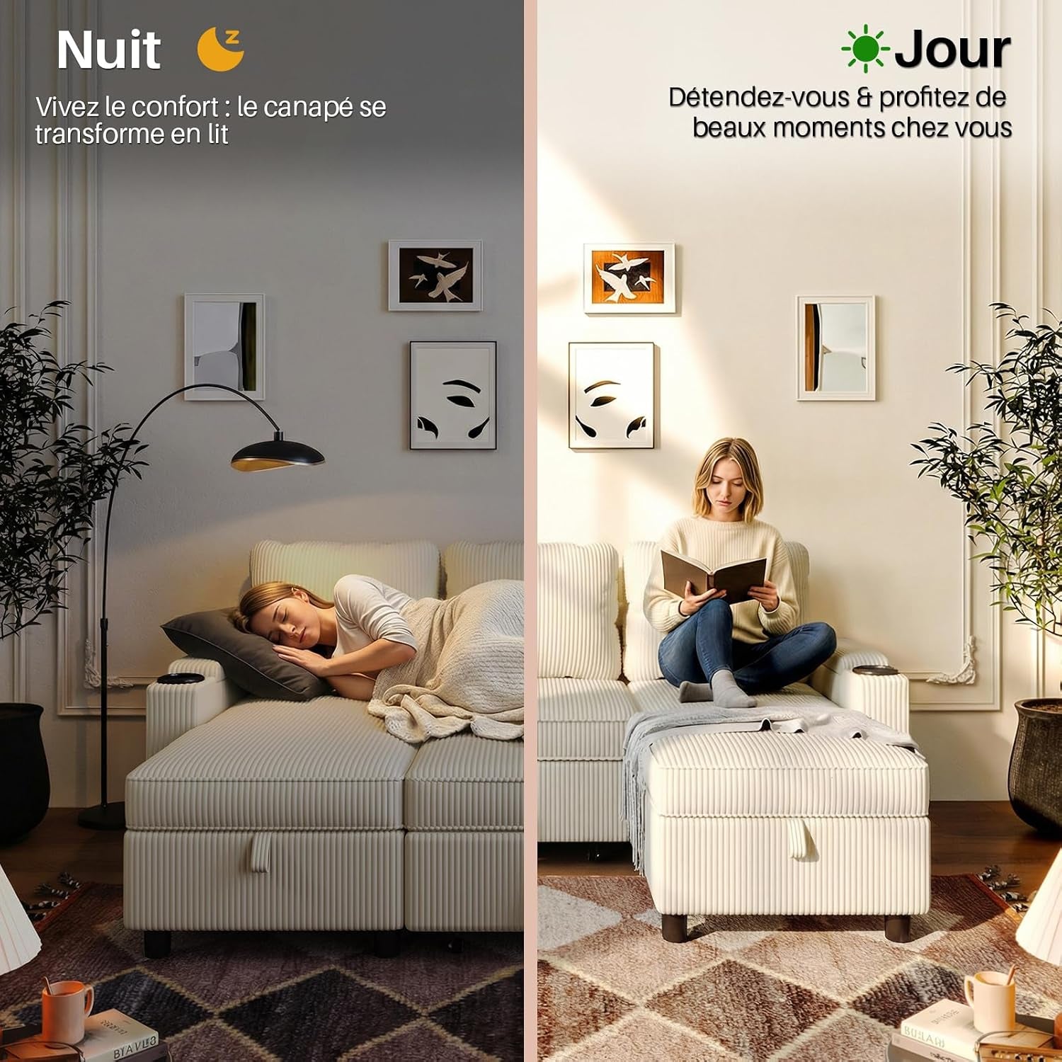 , Canapé Lit Avec Rangement Intégré Et Accoudoirs Multifonctionnels, Idéal Pour Salon, Design Moderne Et Pratique,Bureau Et Petit Appartement, Beige
