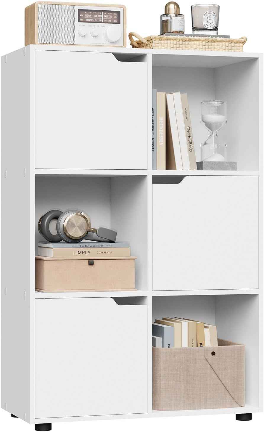 Bibliothèque Étagère De Rangement, Meuble Cube 59,6X29X91Cm | En MDF Pour Salon Bureau Avec 3 Portes 6 Compartiments, Blanc