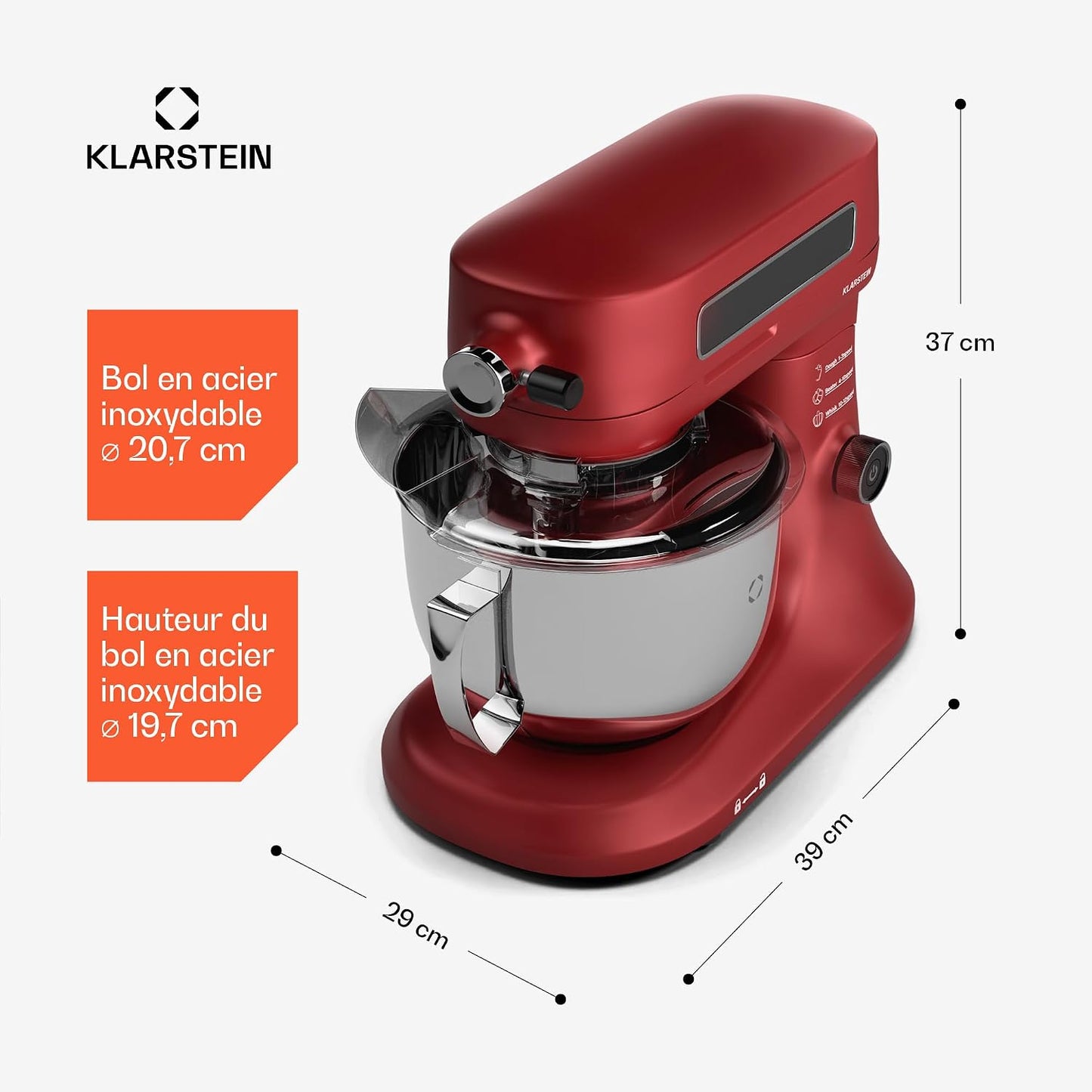 Klarstein Chiara Robot De Cuisine Multifonctions – 1600 W, Bol Inox 5 L, 12 Vitesses, Écran Tactile LCD, Silencieux ≤ 72 Db, Accessoires Lavables, Set De Pâtisserie, Boîtier En Aluminium Moulé, Rouge
