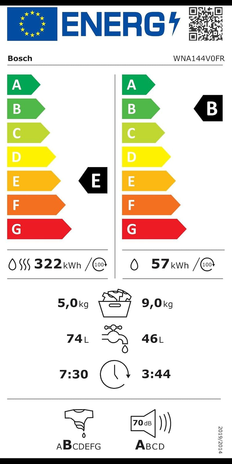 Bosch WNA144V0FR Série 4 - Lave-Linge Séchant, Pose-Libre | Blanc, 9/5 Kg, 1400 Trs/Min, Défroissage Iron Assist, Lavage Et Séchage 60 Minutes, Fonction Auto Dry