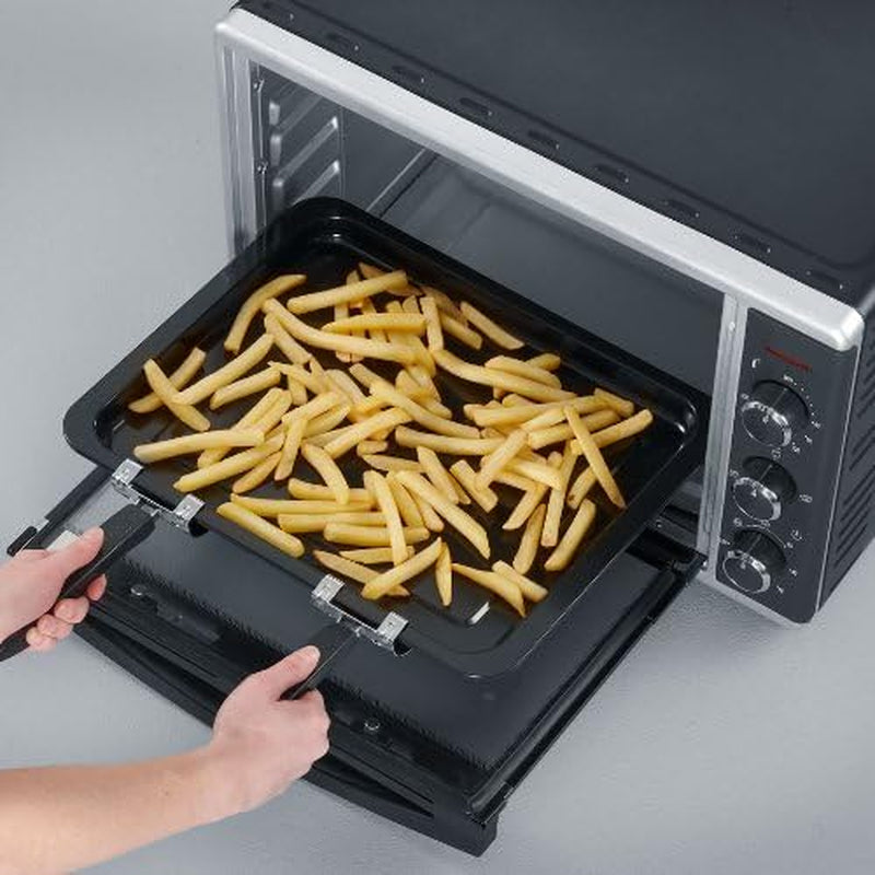 Mini-Four À Chaleur Tournante 42 L Avec Pierre À Pizza Et Tournebroche, Four Posable 1 800 W Design Élégant, Électrique Avec Minuteur 120 Min, Noir/Inox, to 2058