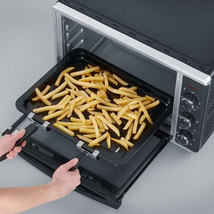 Mini-Four À Chaleur Tournante 42 L Avec Pierre À Pizza Et Tournebroche, Four Posable 1 800 W Design Élégant, Électrique Avec Minuteur 120 Min, Noir/Inox, to 2058