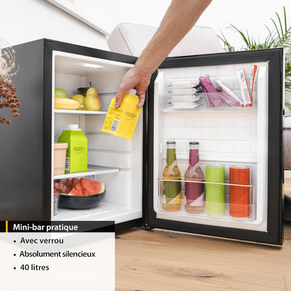 TZS First Austria Mini Frigo De Chambre 40L - Petit Frigo Silencieux Sans Congélateur, Réfrigérateur À Boissons Avec Clé, Butée De Porte Interchangeable, Idéal Pour Hôtel
