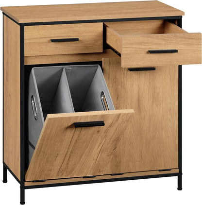 Meuble De Salle De Bain, Placard De Rangement, Avec Sac Intérieur Amovible Avec Poignées, 40 X 78,9 X 80,2 Cm, 2 Tiroirs Et 2 Paniers À Linge, Meuble De Rangement, Chêne Clair + Noir, 0233WY