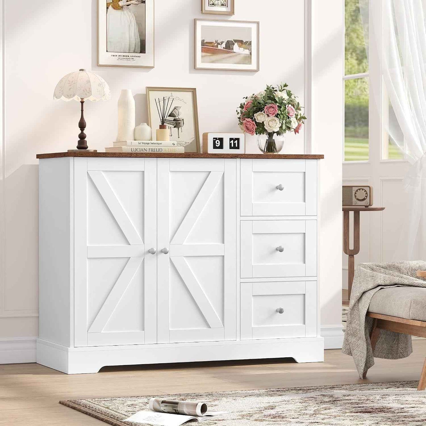 Meuble De Rangement, Buffet Cuisine, Blanc Et Marron | 3 Tiroirs Et 2 Portes, Meuble Cuisine Placard Pour Cuisine, Salle À Manger, Salon