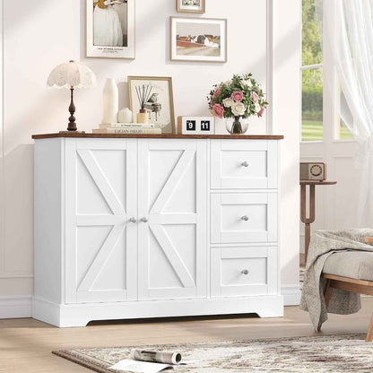 Meuble De Rangement, Buffet Cuisine, Blanc Et Marron | 3 Tiroirs Et 2 Portes, Meuble Cuisine Placard Pour Cuisine, Salle À Manger, Salon